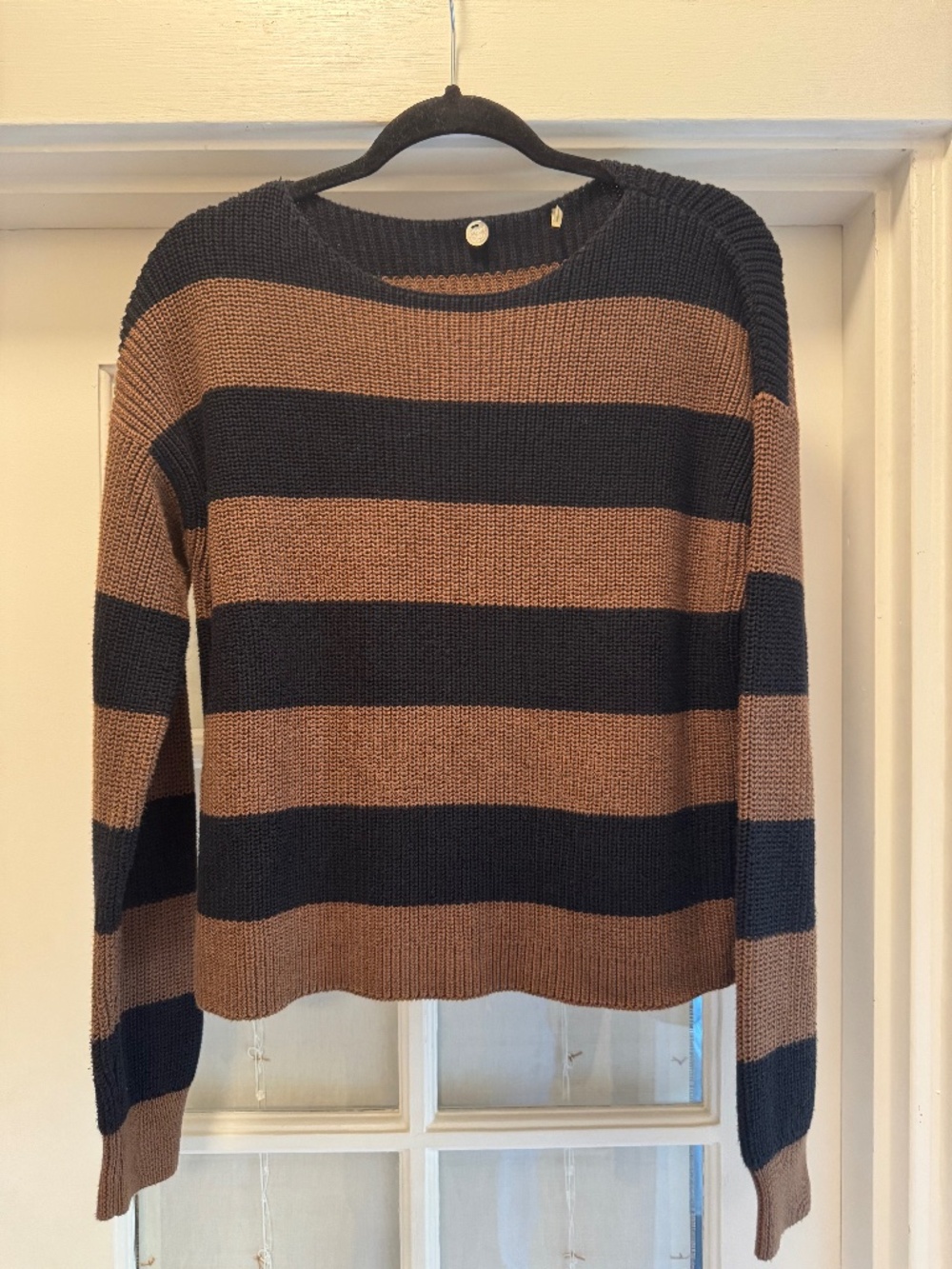 Margaret O'Leary Striped Cotton Knit Sweater Navy Camel M
